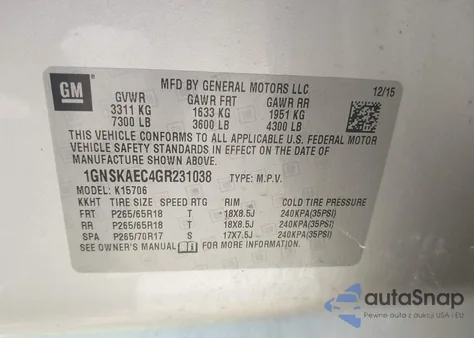 2016 Chevrolet Tahoe Ls из США, поврежденный, VIN 1GNSKAEC4GR231038